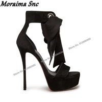 moraima snc black bow knot lace up platform sandals solid peep toe stilettos heel sandals high heels sexy wedding shoes on heels