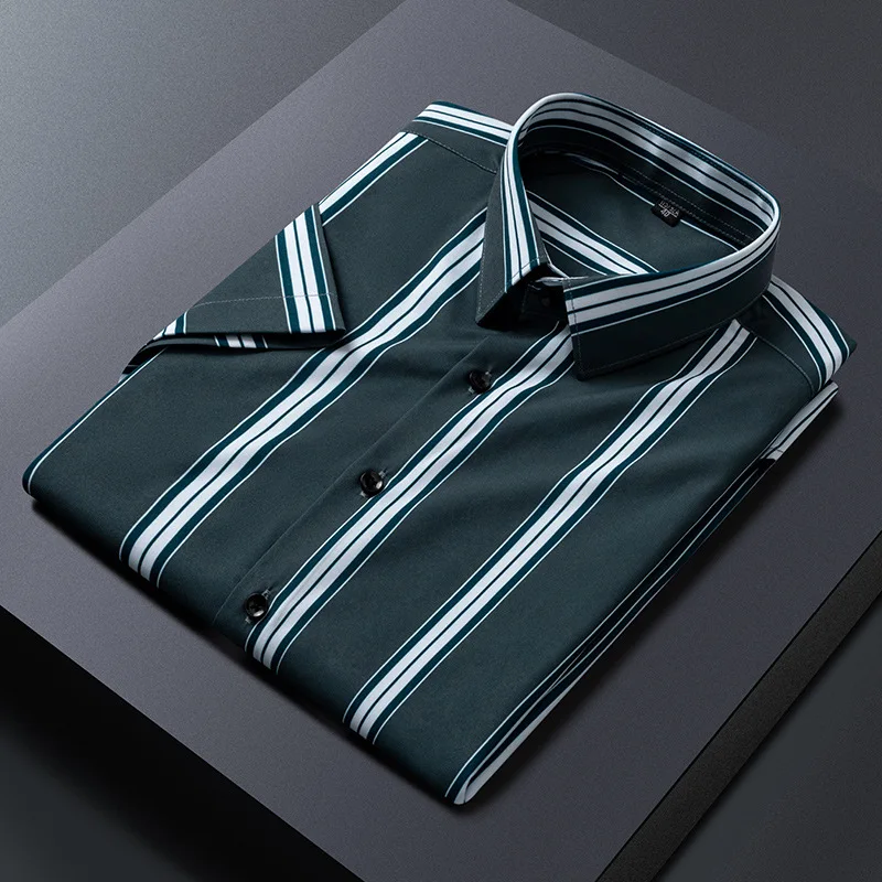 Summer Casual Short Sleeve No Ironing Slim Fit Striped Luxury Mens Social  Shirt