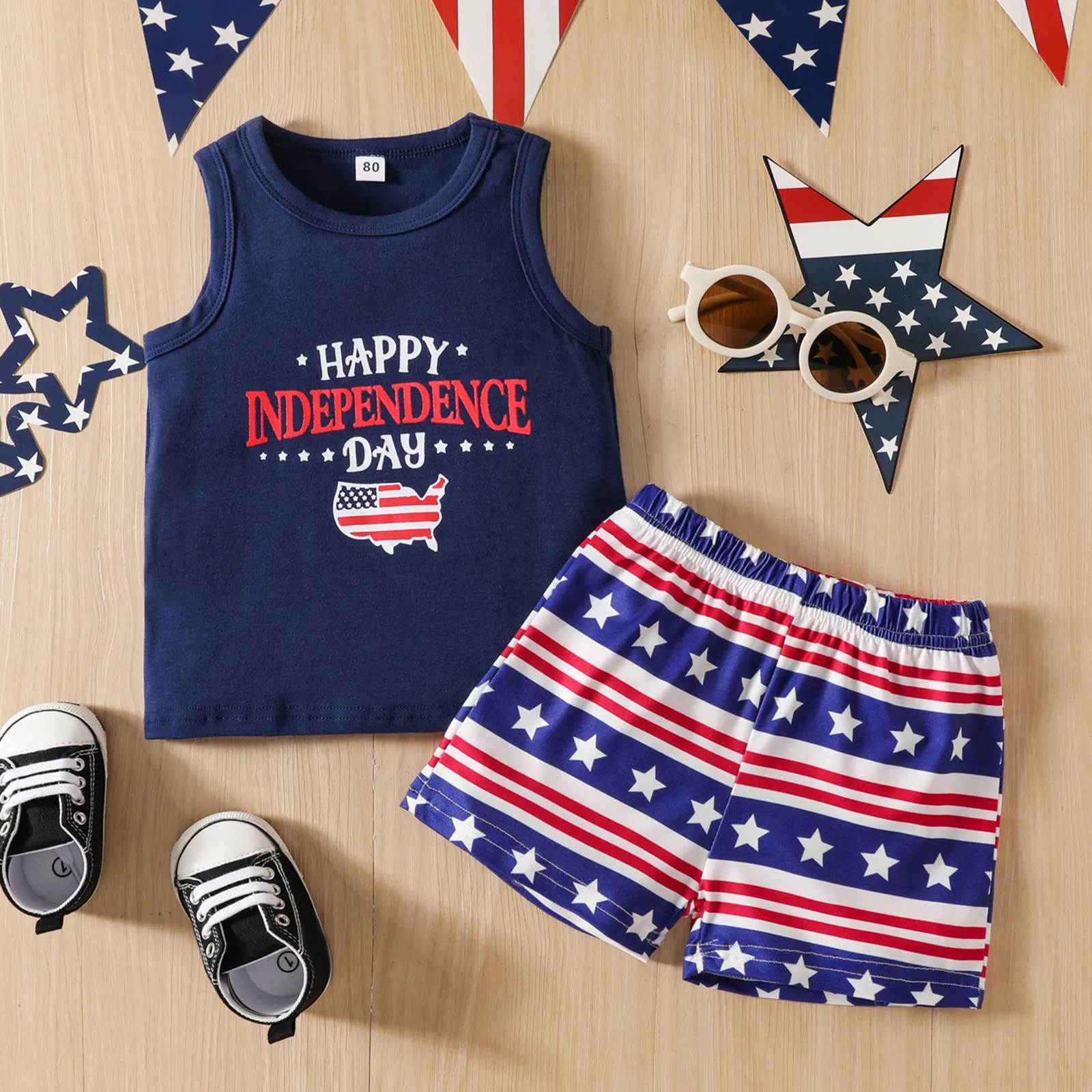 

Детская одежда для малышей Летний жилет без рукавов для девочек и мальчиков на День независимости футболка Топы в полоску со звездами, комп...