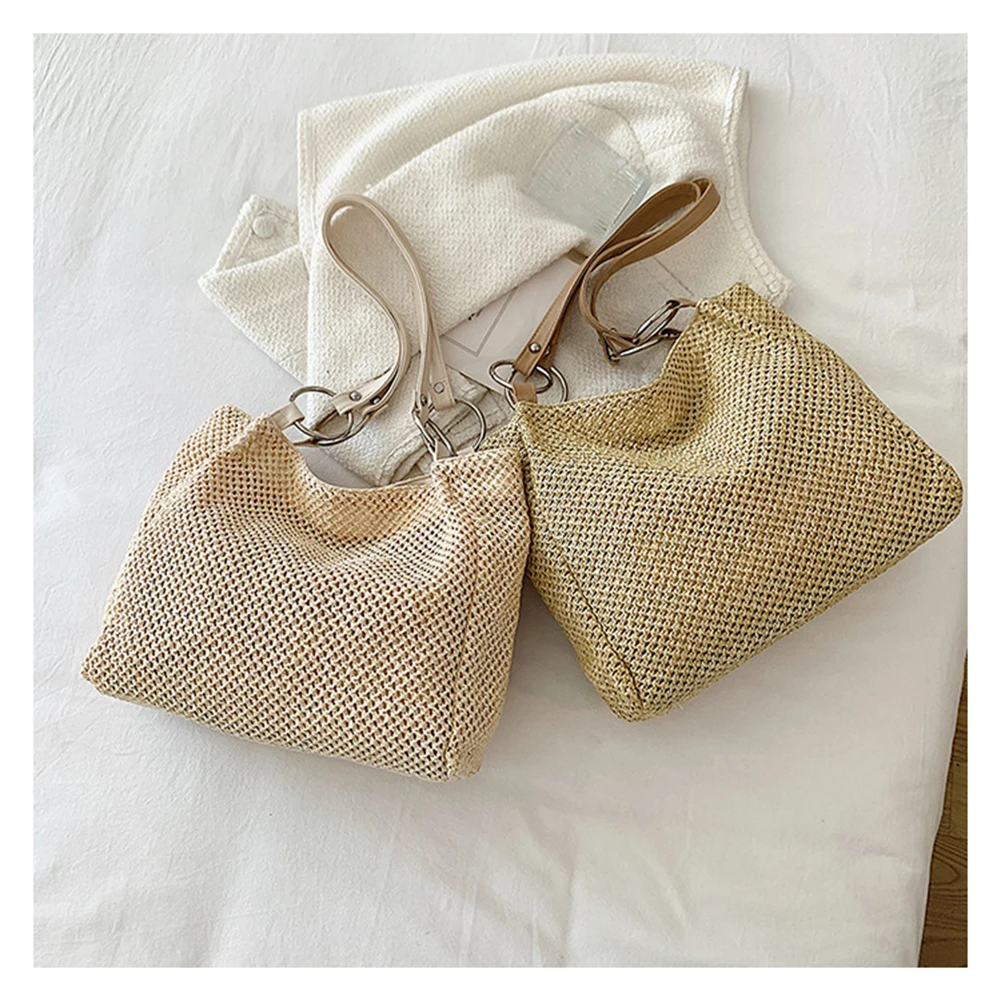 

Handmade Straw Totes Bag Women Korean Retro Shoulder Bag Large Capacity Summer Beach Woven Handbags Ladies Vacation Portable