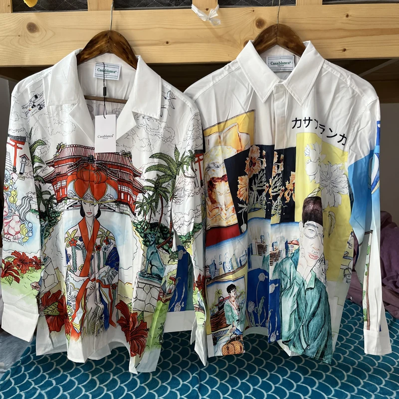 

Casablanca Shirts White Flowers Palace Maid Print Long Sleeves Cardigan 3XL Loose Casa Hawaiian Shirt for Men Women