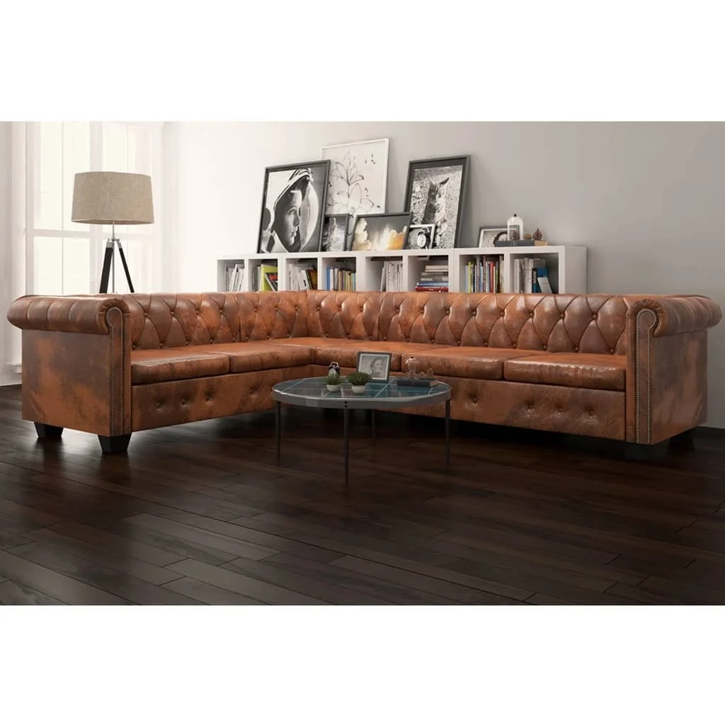 

Chesterfield Corner Sofa 6-Seater Brown Faux Leather