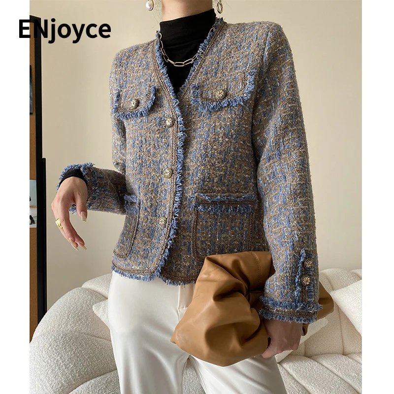 

Женский твидовый пиджак в стиле ретро, роскошный брендовый однобортный укороченный жакет с круглым вырезом для офиса, весна-осень