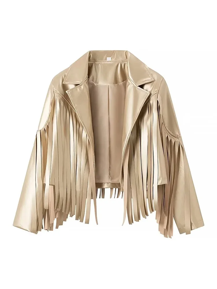 Куртка женская короткая из искусственной кожи с отложным воротником и