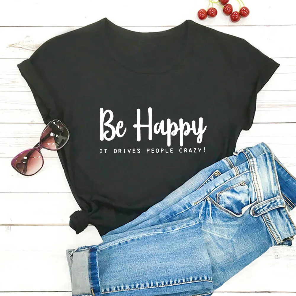 

Women Black Red Letters Graphic T-shirt Women Streetwear Be Happy Letters Woman Tshirt Top Loose Comfortable Hipster Tee Shirt