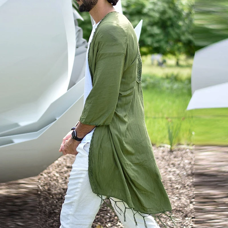 

Muslim Men Clothing Vintage Solid Cotton Linen Cardigan Midi Tops Fall Fashion Arabic Islamic Clothes Mens Casual Loose Shirts