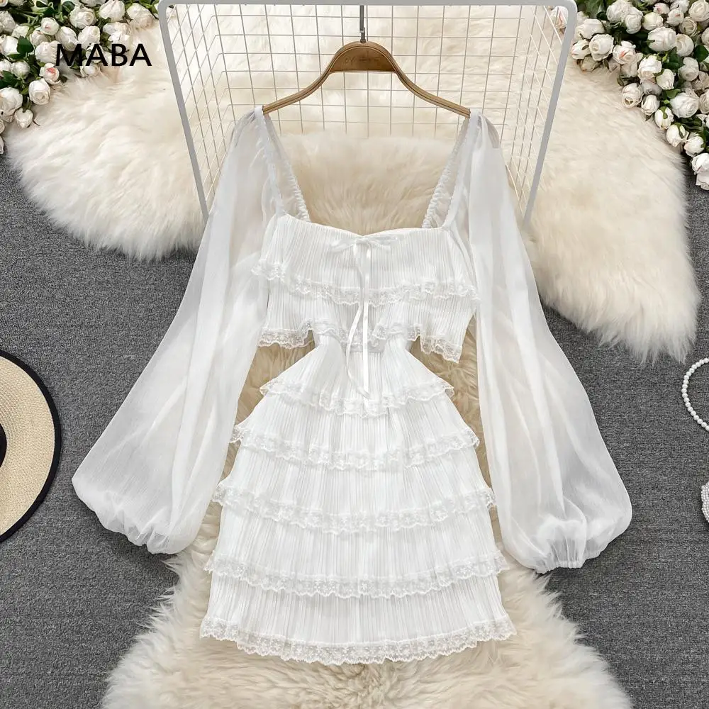 

Fashion Designer White Dress Women 2022 Spring Square Collar Puff Long Sleeve Sexy Backless Boho Holiday Female Fairy Cake Dress
