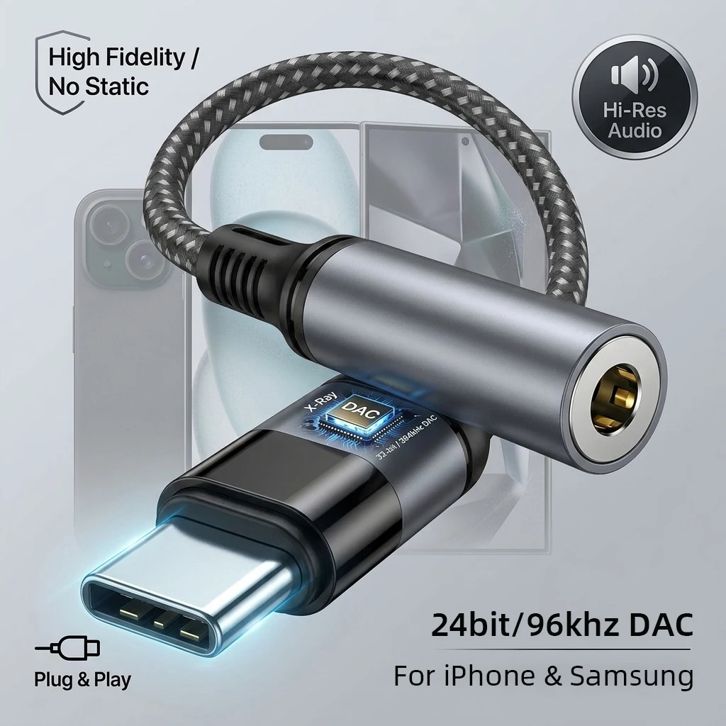 Фото Аудиоадаптер USB Type-C на 3,5 мм для наушников Samsung, совместимый с iPhone 17, 16 Pro Max, Galaxy S26, S25, S24, S23 Ultra №1