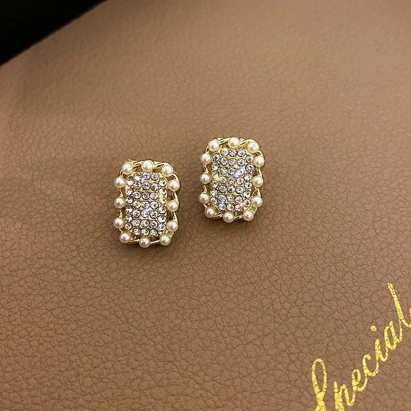 

VSnow Bling Bling Square Geometric Bling Bling Rhinestone Dangle Earring for Women Ins Style Simulation Pearl Metal Jewelry