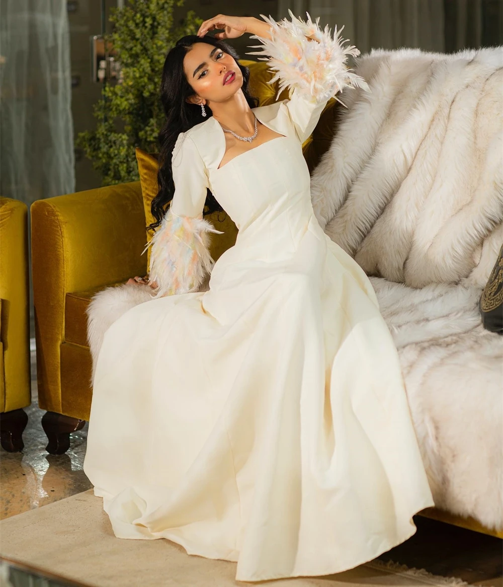 

Santorini Luxury Colorful Feathers Long Sleeves Prom Dresses Square Neck Zipper Back Vestidos Party Evening Gowns A Line Dress