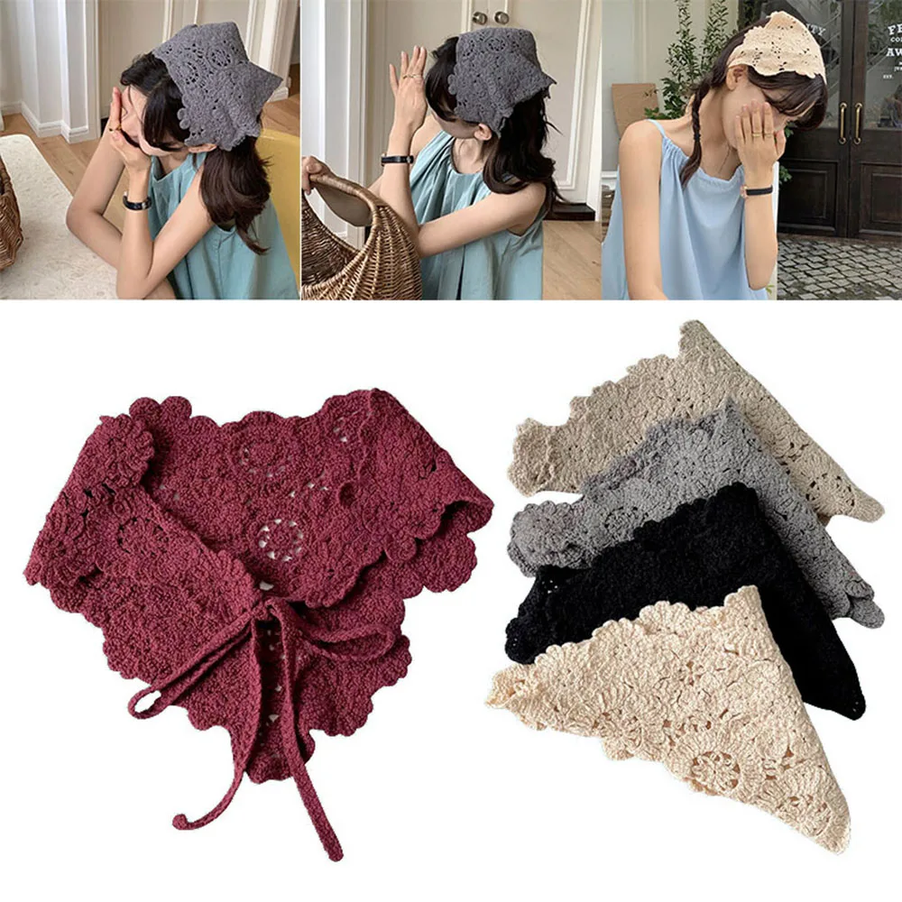 

Korean Ins Hollow Knitted Bandanas French Hand Crochet Cotton Thread Triangle Scarf Retro Decorative Small Bandanas