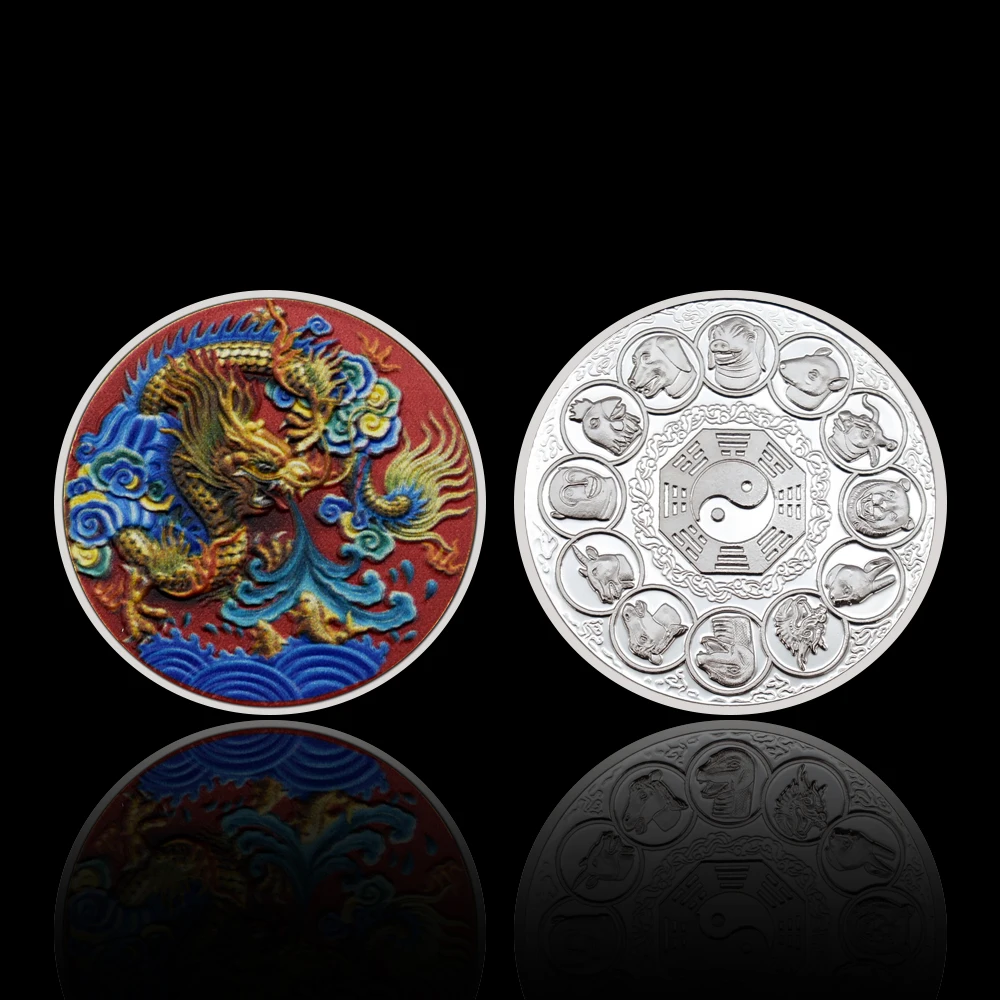 

Painted Chinese Dragon Mascot Auspicious Clouds Silver Plated Coins 12 Chinese Zodiac Commemorative Coins Artworks Souvenirs