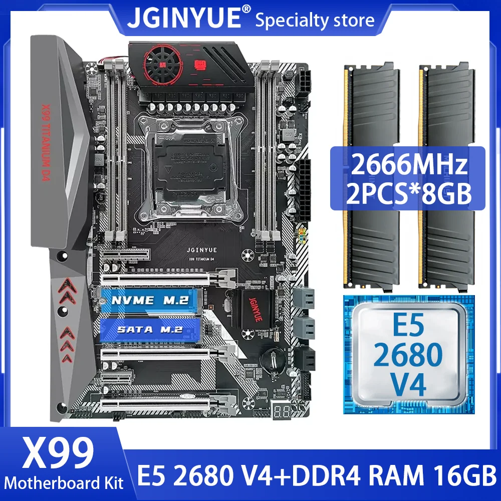 

Комплект материнской платы JGINYUE X99 LGA 2011-3 с комплектом Xeon E5 2680 V4 ЦПУ процессор 16 ГБ = 2*8 ГБ DDR4 2666 МГц ОЗУ память X99 TITANIUM D4