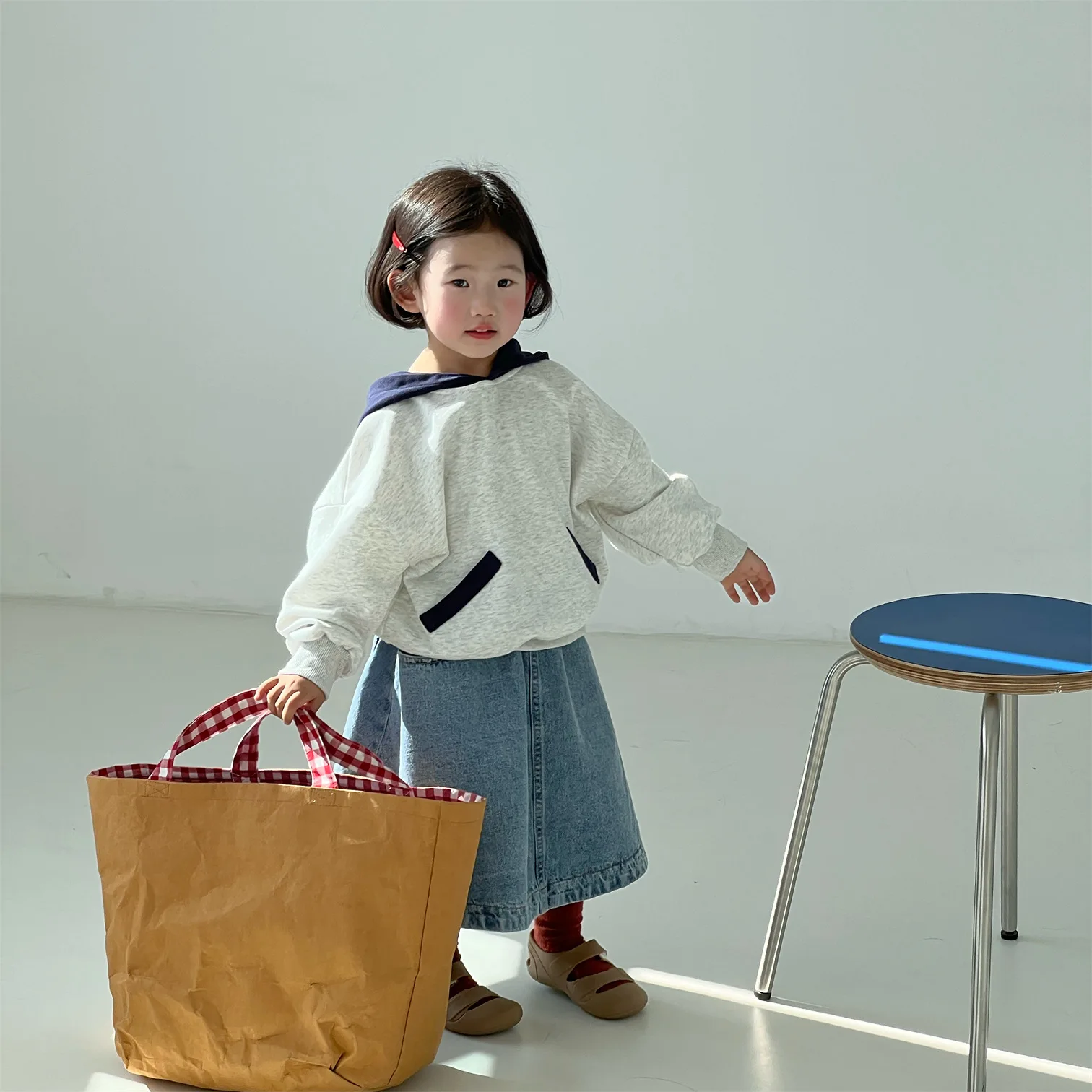 

4984C Korean Children's Sweeater Hooded Pullover Spring 2023 New Girl's Sweater Color Matching Long Sleeve Sweater Pullover