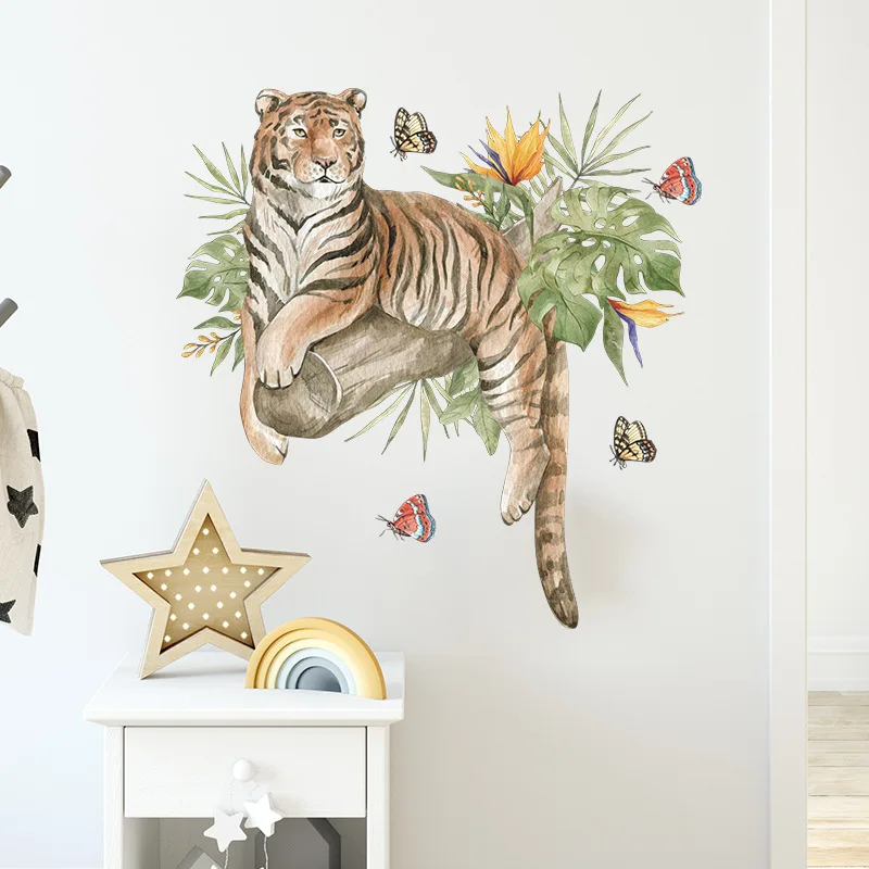 

Cartoon Lazy Tiger Tropical Green Plants Butterfly Wall Stickers Kid's Room Living Room Home Decoration Cartoon Animal Wallpaper