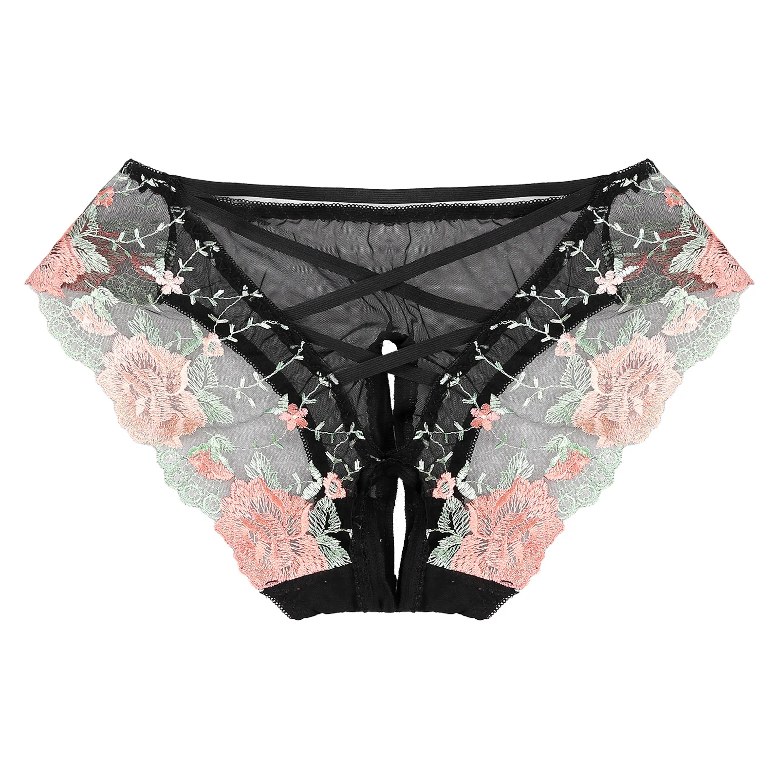 

Женское прозрачное Сетчатое нижнее белье с цветочной вышивкой, трусики с низкой посадкой и вырезами на спине