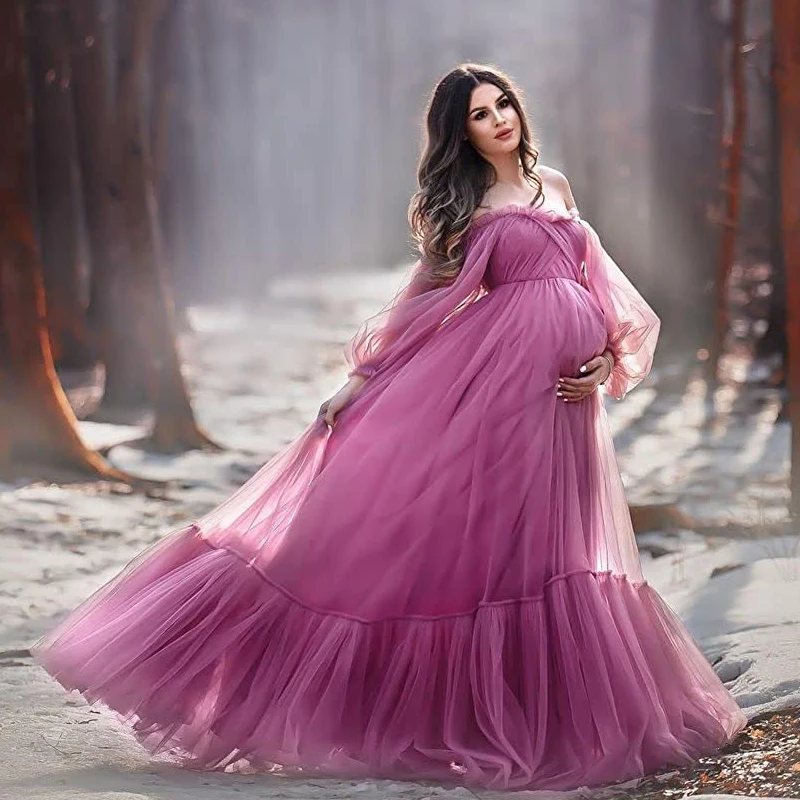 Puffy Sleeve Maternity Dress with Underskirt Tulle Robe  for Photoshoot Off Shoulder Pregnancy Baby Shower Gown