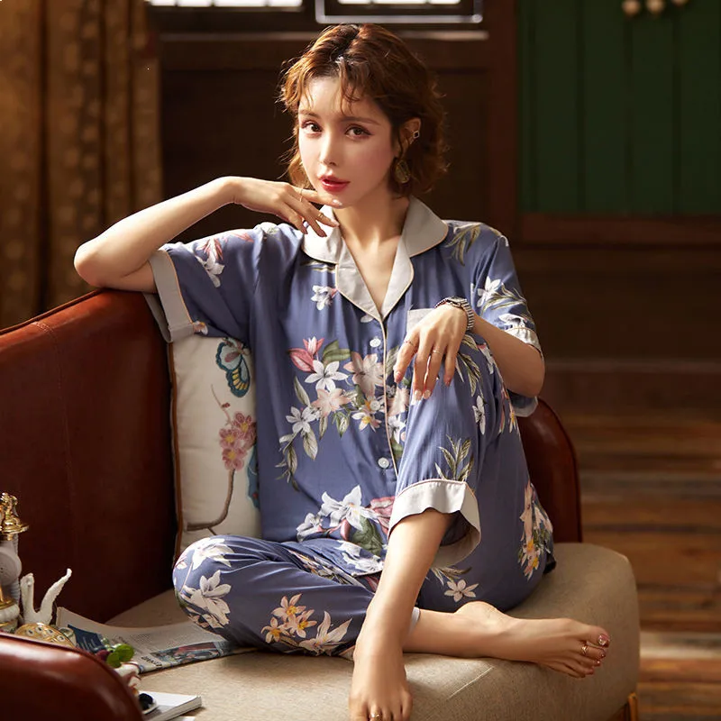 Autumn Pajamas Set Sexy Shirt Sleepwear For Women Flower Long/ Short Sleeve Pyjama Women's Artificial Polyester Comfortable Pjs