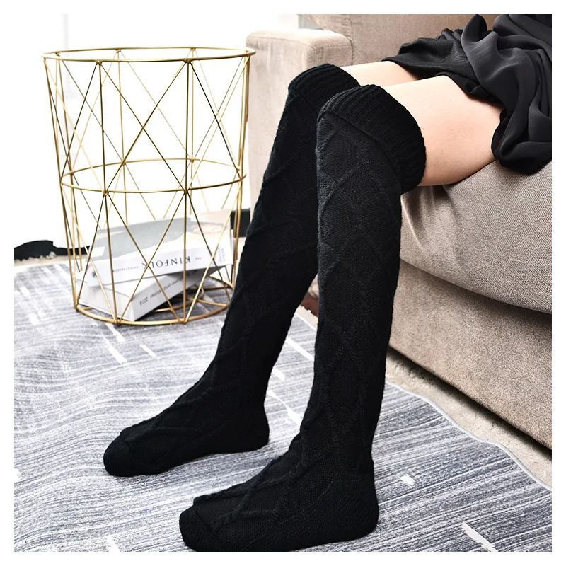2022 Korean over knee knitted Stockings women's fashion wool ball high socks winter warm breathable solid color wool pile socks