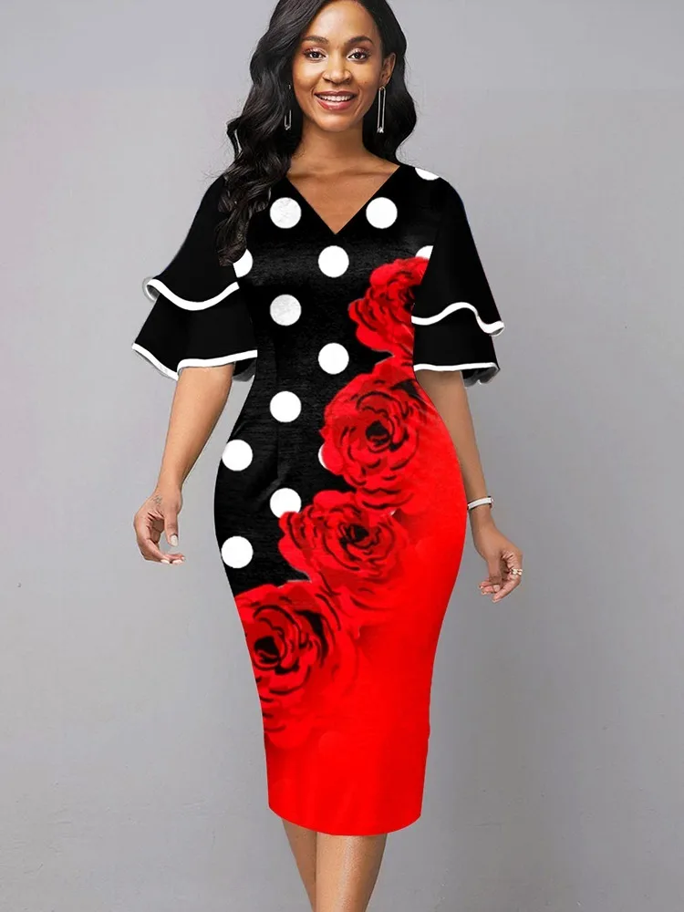 

Summer Dresses for Women Flower Print Lotus Leaf Sleeve V-neck Work Office Lady Dress Vestidos De Mujer Elegant Midi Robe Female