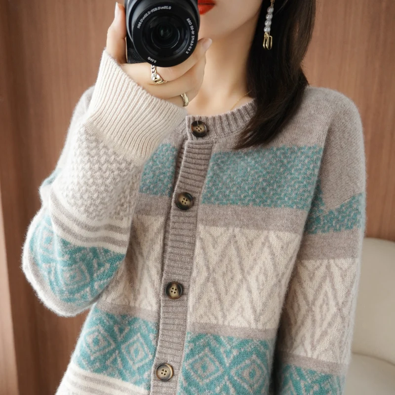 

Women's Elegant Vintage O- Neck Cardigan Autumn\Winter New Thickened Warm Wool Sweater Long Sleeve Color Contrast Fashion Coat