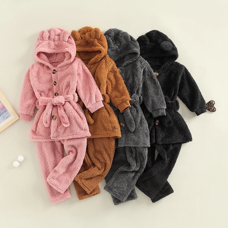 Купи Pajama Sets for Girls Winter Girls Boys Outfits Button Hoodie with Belt Pants Child Warm Catoon Sleepwear Kids Home Suit 0-6Y за 965 рублей в магазине AliExpress
