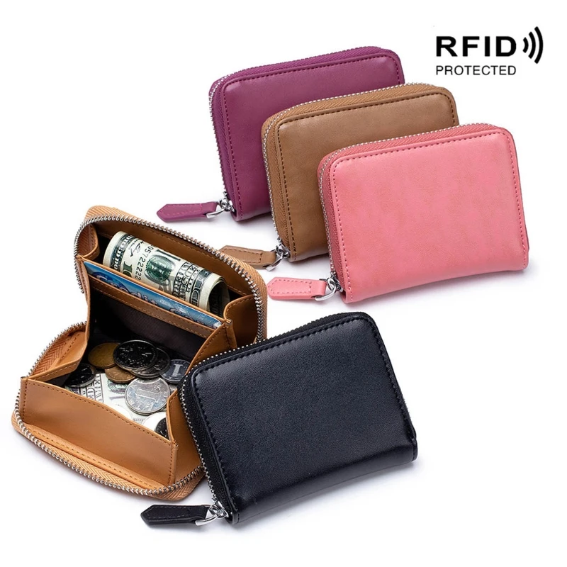 

Кожаный кошелек для кредитных карт, кошелек для монет на молнии с радиочастотной идентификацией, карман для наличных, органайзер, держатель, сумка для женщин и мужчин