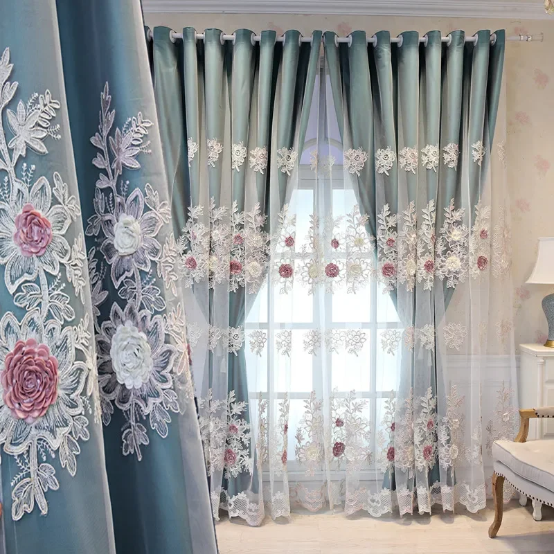 

NEW High grade European embossed embroidery double green cloth gauze integrated living room bedroom balcony shading curtain