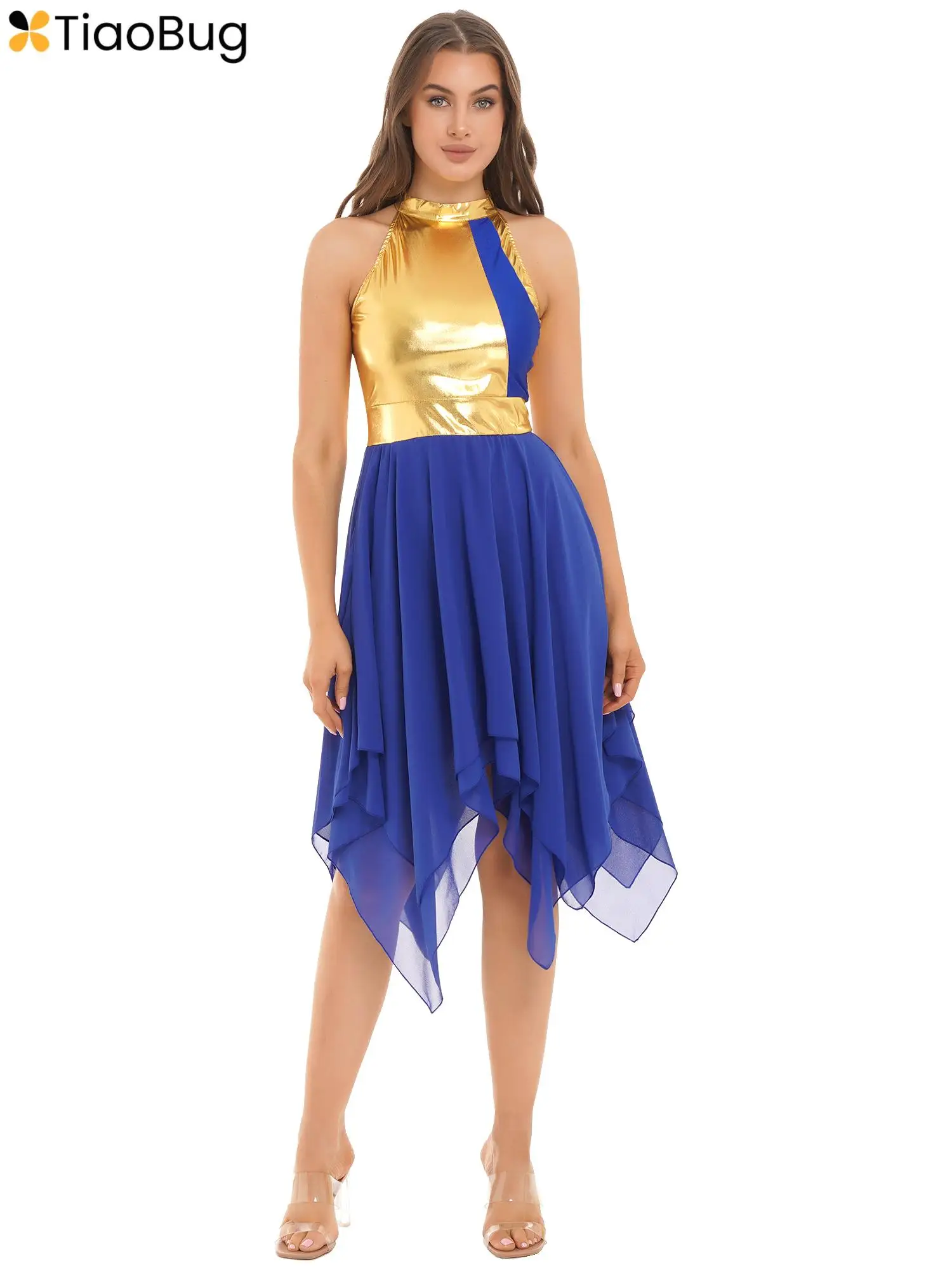 

Womens Metallic Ballet Lyrical Dance Dress Sleeveless Contemporary Modern Ballroom Liturgical Praise Dance Worship Costume