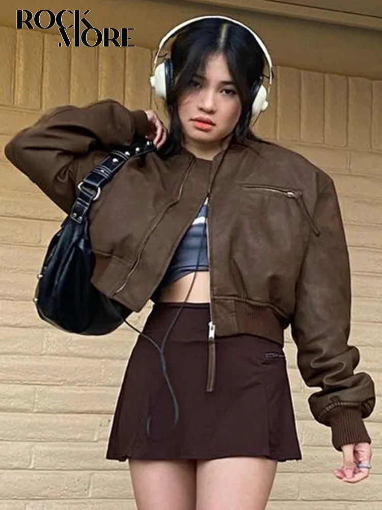

Rockmore Vintage Brown Zipper Leather Jackets Streetwear Fashion Motor Biker PU Jacket Women Windbreak Cropped Coat Autumn 2023