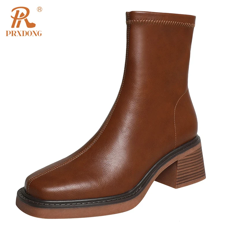 

Женские ботильоны из натуральной кожи PRXDONG, черные или коричневые ботильоны из натуральной кожи на платформе и массивном высоком каблуке, на молнии, Осень-зима 2019