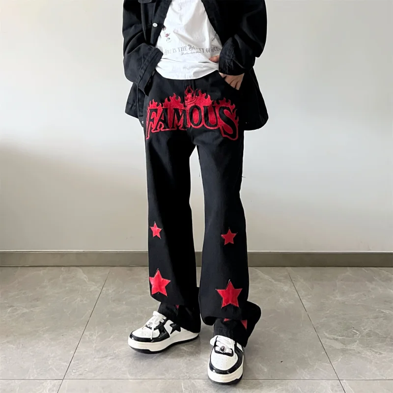 Fashion American Retro High Street Patch Embroidered Jeans Men's Ins Street Vibe Style Hip Hop Street Style Casual Pants Cotton