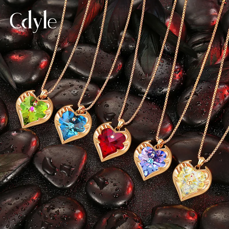 

CDE Women Gold Color Necklace Embellished with Crystals Necklace Angel Wings Heart Pendant Valentines Gift