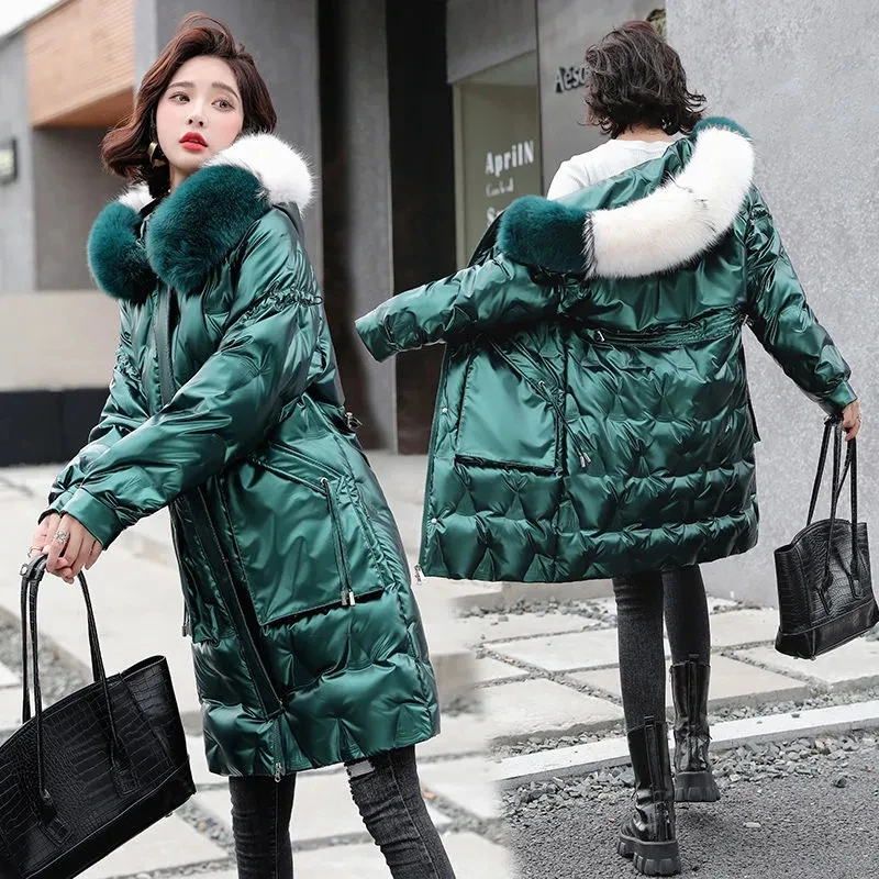 Fur Collar Glossy Hooded Outerwea Women Loose Winter Thick Warm Casual Padded Jacket Korea Fashion Mid-length Female Coat Casual