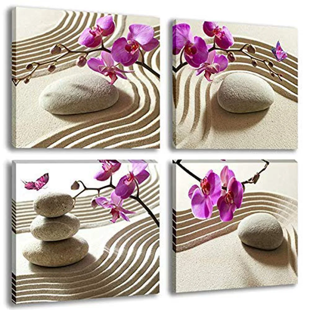 

4 Pieces Orchid Flower Zen Stone Yoga Spa Beauty Poster Canvas Wall Art Picture Home Decor Paintings for Living Room Decorations