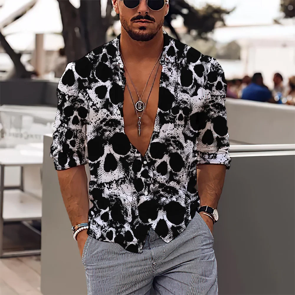 

2023 Cotton Long Sleeve Shirt Man Skull 3d Print Tops Casual Fashion Long Sleeve Streetwear Hip Hop Oversize Shirt For Men