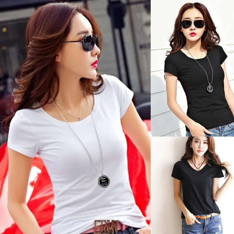 

New Women's Cotton T-shirt Summer 2022 Casual Elasticity Short-sleeve V-neck Slim Bottom T-shirt Girl's Tops Tees Female