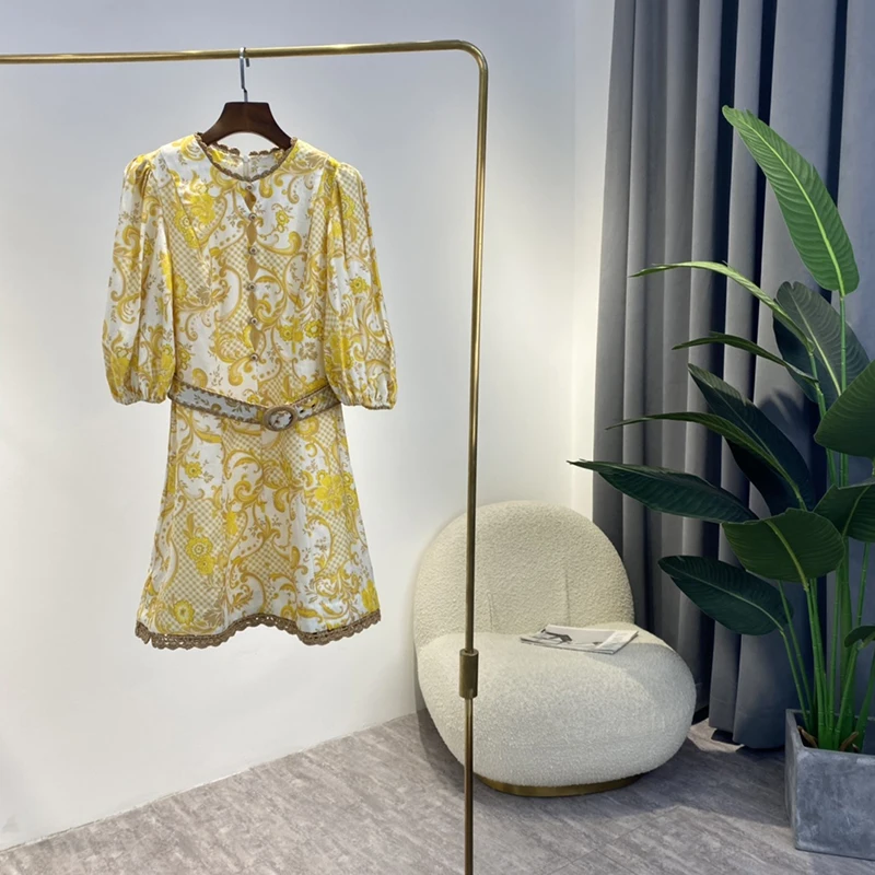 

Женское льняное мини-платье ручной работы, элегантное короткое платье из высококачественной ткани с геометрическим узором, вырезами и пояс...