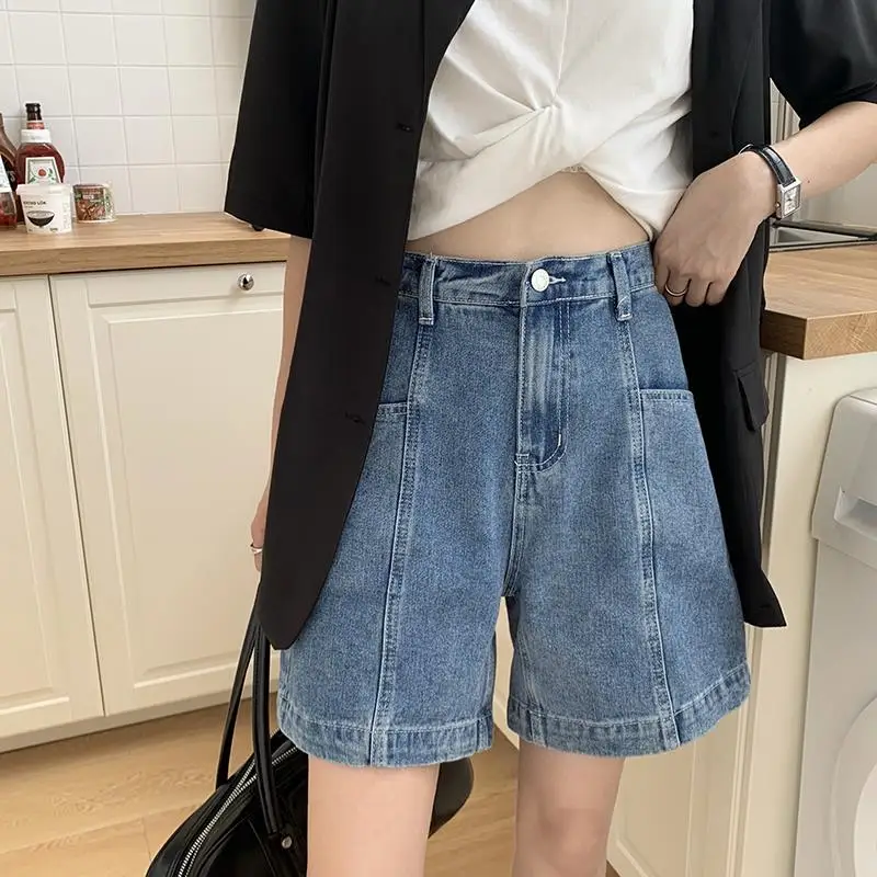 

Women Denim Shorts Solid Vintage Knee-length Spliced Design Fashion Loose Leisure Bf Style Streetwear High Street Cool Teens Ins