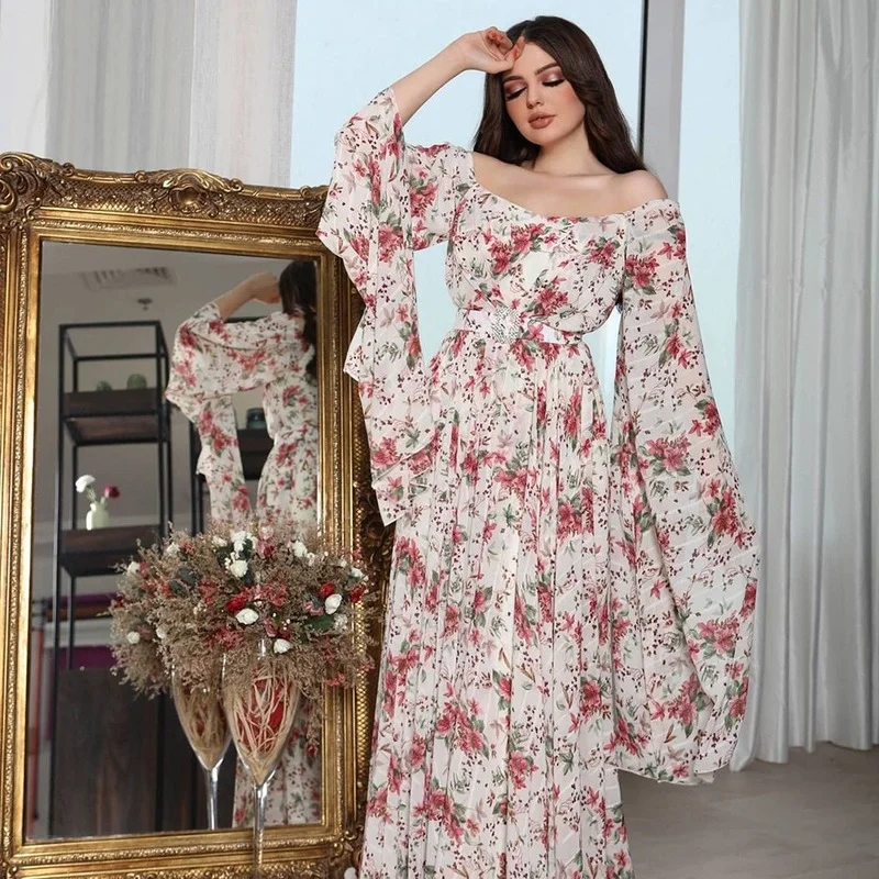 

Abayas For Women Dubai 2022 Summer Chiffon Floral Print Long Dress Off Shoulder Sexy Robe Kimono Femme Musulmane Party Gowns