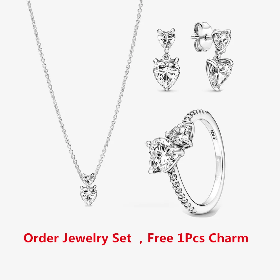 

2022 New 925 Sterling Silver Double Heart Pendant Sparkling Collier Necklace Ring Earrings 1Set For Women Fashion Luxury Jewelry