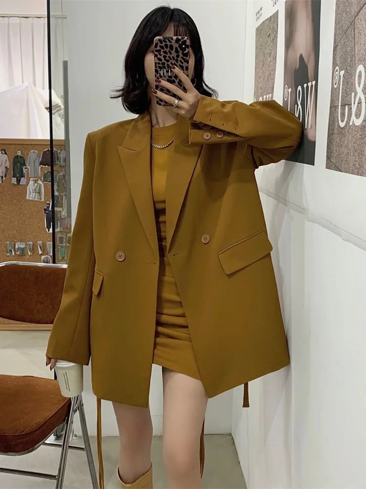 

Office Lady Blazer Femme Vintage Korean Fashion Loose Notched Collar Women Coat Casual Long Sleeve Suit Jacket with Belt