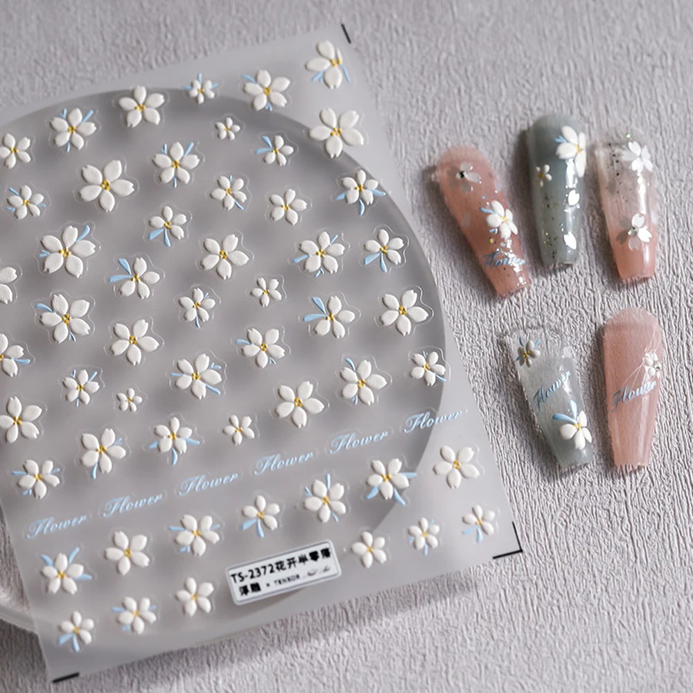 

Flowers Series Embossed Nail Art Stickers 5D White Five-petal Flower Design Ultra-thin Charm Sliders Manicure Decals Nails Tips