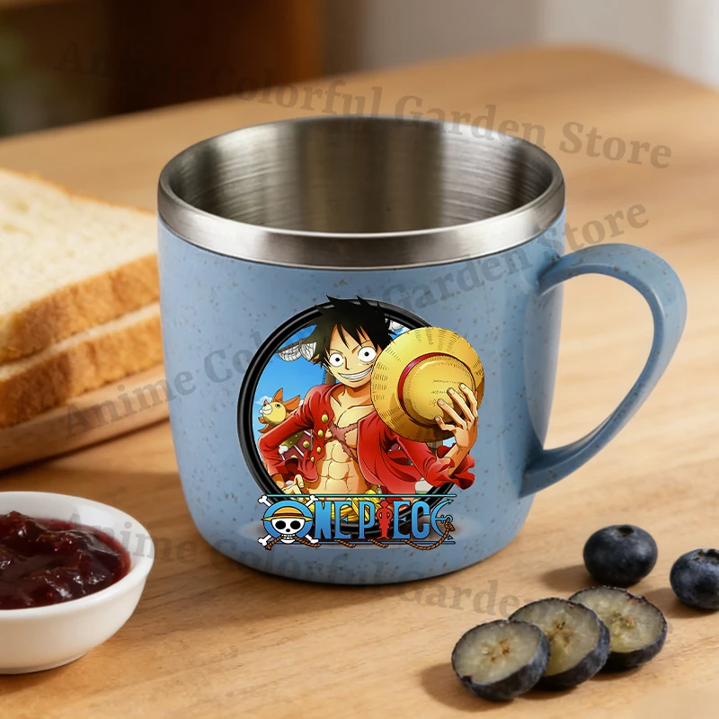 Фото Бутылка для воды из нержавеющей стали One Piece для мальчиков и девочек, с аниме-принтом, милая, с подставкой для зубной щетки, портативная, модная, детская кружка для воды №4