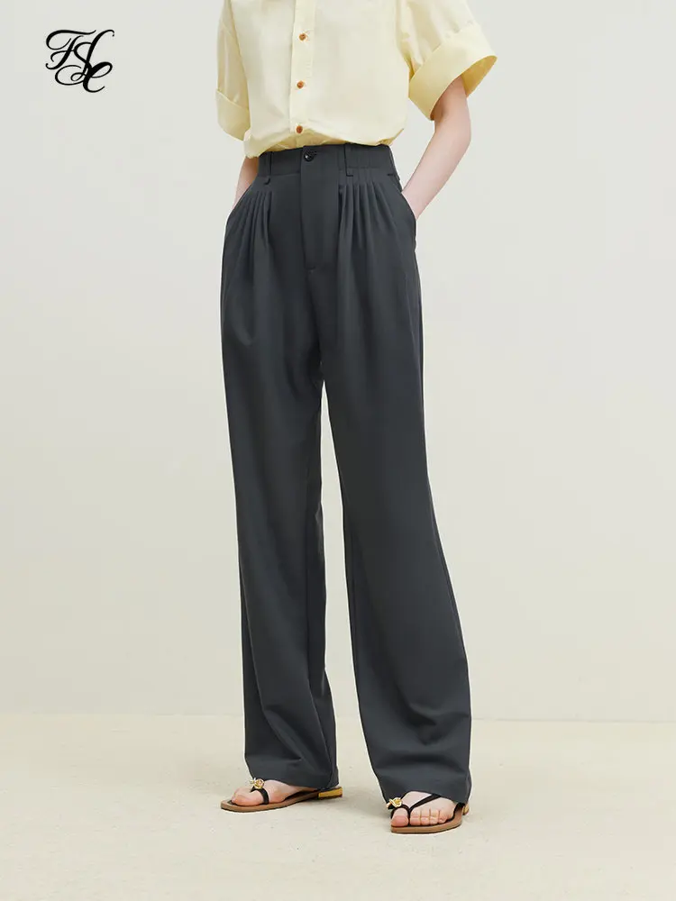 FSLE Casual Solid Color High-waisted Straight-leg Wide-leg Pants for Women Summer New Design Pleated All-match Pants Female