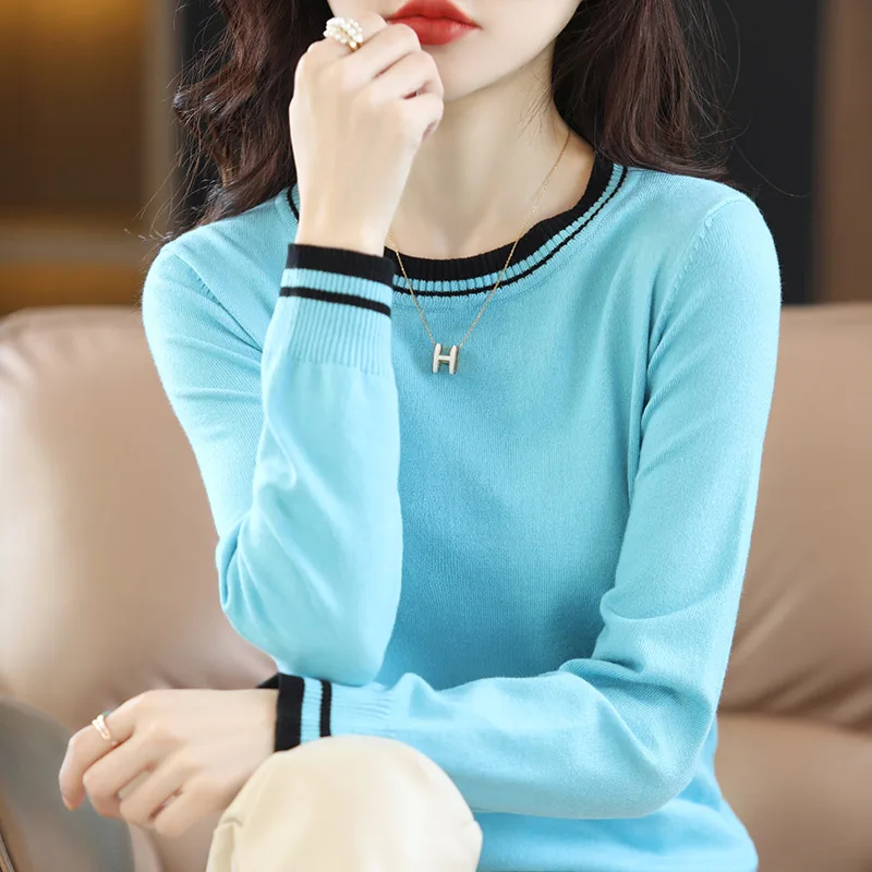 

2022 spring new round neck sweater women's bottomed shirt with low neck sweater loose top