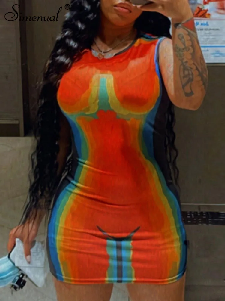 

Simenual Unique 3D Printed Dresses Women Sleeveless O-neck Contrast Color Tight Clothing High Street Go Out Activewear Summer