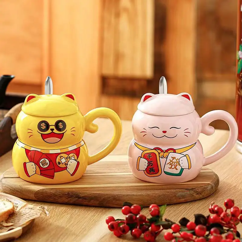 Фото Керамическая кофейная кружка Lucky Cat с крышкой для кошки, креативный милый мультяшный милый подарок для завтрака, бутылка для воды, офисная посуда для питья, посуда для напитков №5