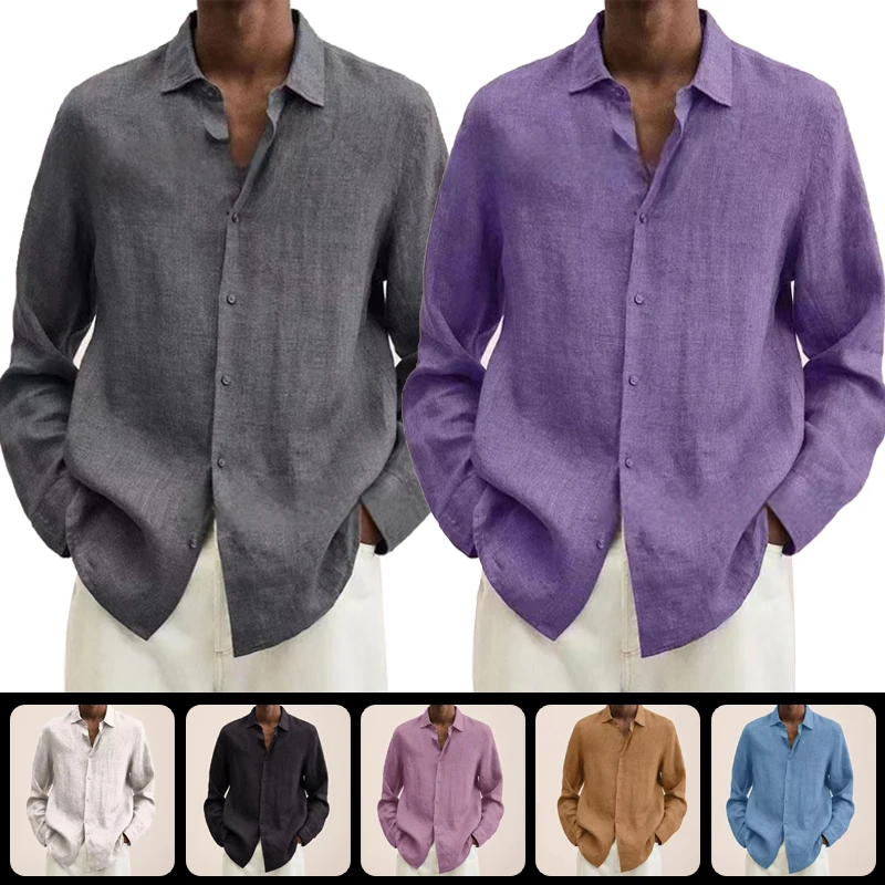 New Men's Linen Cotton Shirts Fashion Casual Long Sleeves Loose Solid Color T-Shirts Lapel Buttons Versatile Breathable Tops