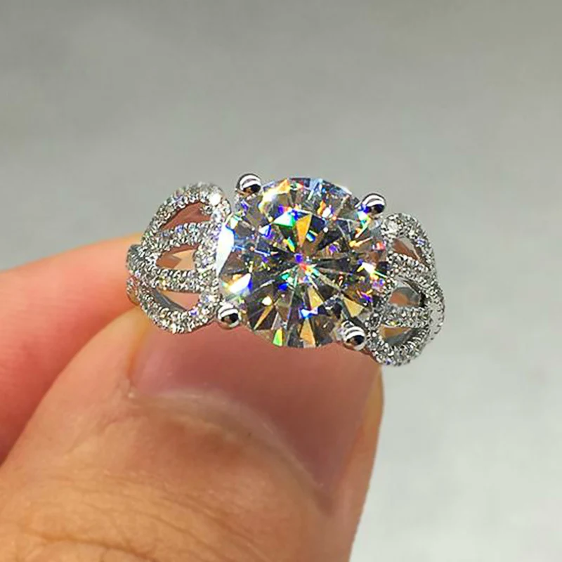 

Luxury Round White Cubic Zirconia CZ Stone Solitaire Engagement Rings For Women Banquet Party Jewelry Charming Gift